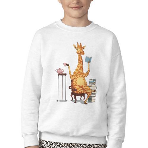 Giraffe Reading Tea Books Coffee Book Lover Graphic Youth Crewneck Sweatshirt - Bookorys CA