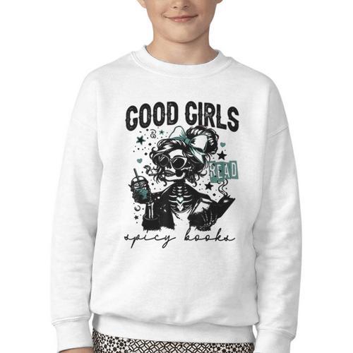 Good Girls Read Spicy Skeleton Book Club Youth Crewneck Sweatshirt - Bookorys
