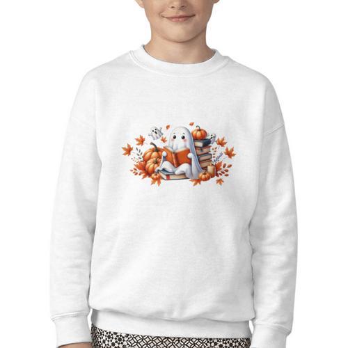 Halloween Book Lover Ghost Witch Books & Pumpkins Youth Crewneck Sweatshirt - Bookorys