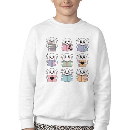 Halloween Ghosts Reading Books Pattern Spooky Kawaii Anime Youth Crewneck Sweatshirt - Bookorys CA