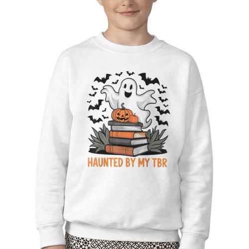 Haunted By My TBR Boo Halloween Book Lover Librarian Youth Crewneck Sweatshirt - Bookorys AU