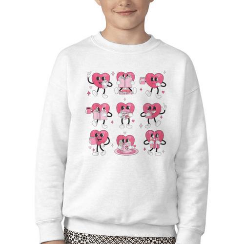 Heart Reading Books Valentine Teacher Boy Girl Book Lover Youth Crewneck Sweatshirt - Bookorys