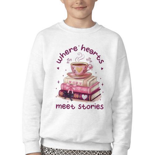 Where Hearts Groovy Meet Stories Coffee Books Valentines Day Youth Crewneck Sweatshirt - Bookorys CA