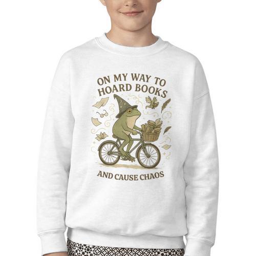 On My Way To Hoard Books And Cause Chaos Tom Foolery Youth Crewneck Sweatshirt - Bookorys UK