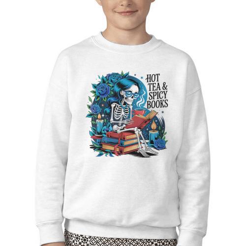 Hot Tea & Spicy Books Skeleton Reader Youth Crewneck Sweatshirt - Bookorys