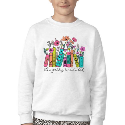 It's A Good Day To Read A Book Floral Book Lovers Librarian Youth Crewneck Sweatshirt - Bookorys