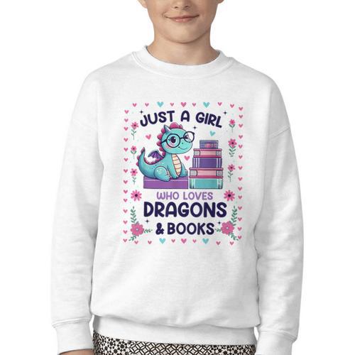Just A Girl Who Loves Dragons And Books Lover Reading Book Youth Crewneck Sweatshirt - Bookorys