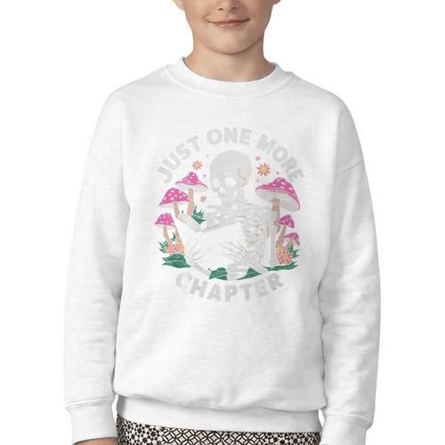 Just One More Chapter Mushrooms Gothic Skeleton Book Lover Premium Youth Crewneck Sweatshirt - Bookorys DE