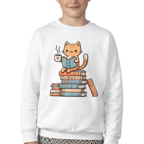Kawaii Cat Coffee Books Teacher Men Women Girls Kids Youth Crewneck Sweatshirt - Bookorys AU