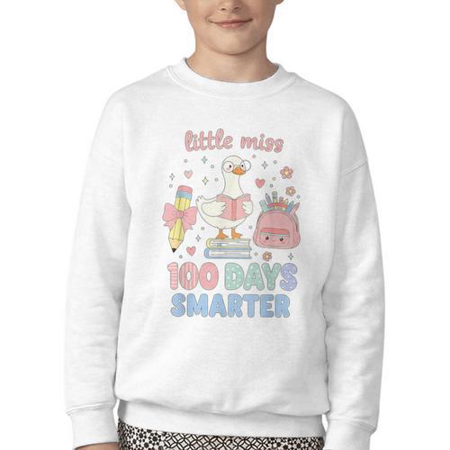 Little Miss 100 Days Smarter Cute Goose Reading Books Girls Youth Crewneck Sweatshirt - Bookorys AU