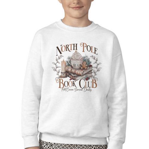 North Pole Book-Club Hot Cocoa Served Daily Christmas Book Youth Crewneck Sweatshirt - Bookorys DE