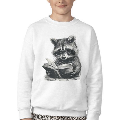 Raccoon With Book Cute Raccoons Reading Books Youth Crewneck Sweatshirt - Bookorys UK