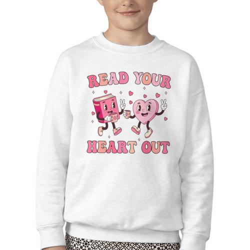 Read Your Heart Out Teacher Valentine Book Youth Crewneck Sweatshirt - Bookorys CA