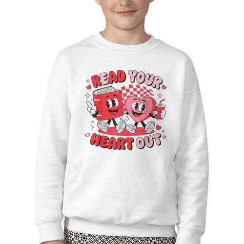 Read Your Heart Out Valentine's Day Retro Teacher Bookish Youth Crewneck Sweatshirt - Bookorys CA