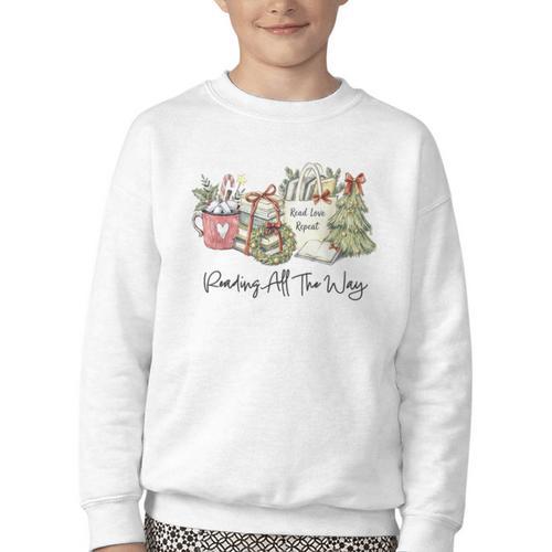 Reading All The Way Christmas Book Lover For Women And Teens Youth Crewneck Sweatshirt - Bookorys