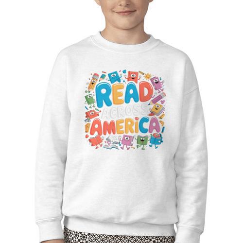 Reads Across Tee America Reading Teacher Books Reader Kids Youth Crewneck Sweatshirt - Bookorys