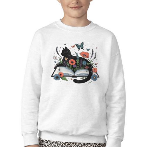 Retro Cute Cat Floral Book Librarian Vintage Floral Cat Book Youth Crewneck Sweatshirt - Bookorys