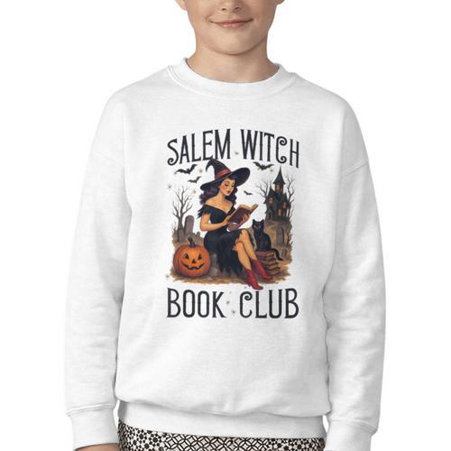 Salem Witch Book Club Bookish Retro Halloween Cat Youth Crewneck Sweatshirt - Bookorys
