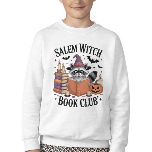 Salem WItch Book Club Halloween Raccoon Witch Reading Book Youth Crewneck Sweatshirt - Bookorys