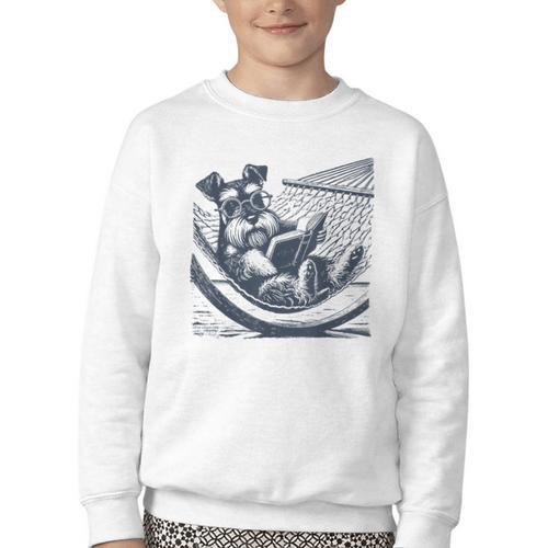 Schnauzer Hammock Reading Book Schnauzer Glasses Youth Crewneck Sweatshirt - Bookorys CA