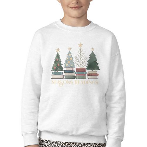Seasons Readings Christmas Tree Book Lover Youth Crewneck Sweatshirt - Bookorys