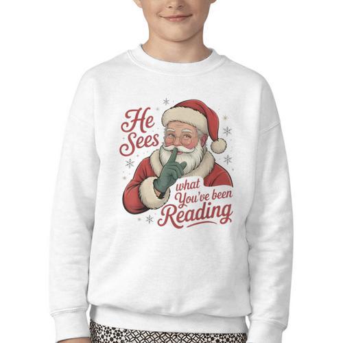 He Sees What You'Ve Been Reading Bookish Christmas Humor Youth Crewneck Sweatshirt - Bookorys DE