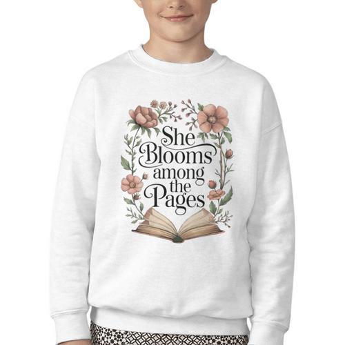 She Blooms Among The Pages Women Mom Wife Floral Book Lover Premium Tri-Blend Youth Crewneck Sweatshirt - Bookorys UK