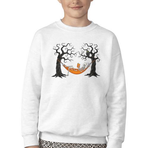 Skeleton Reading Book In Hammock Halloween Reader Youth Crewneck Sweatshirt - Bookorys UK