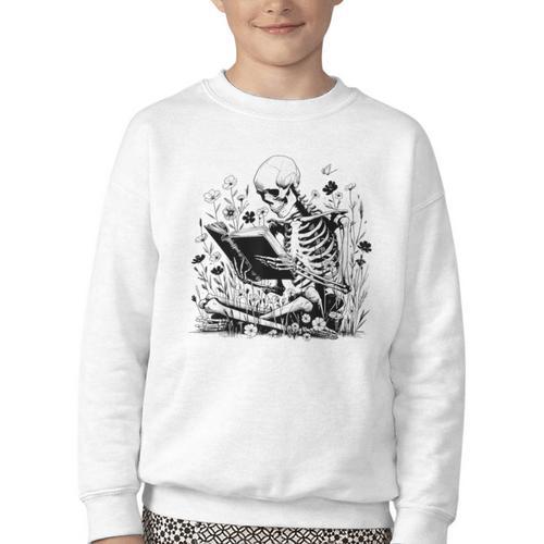 Skeleton Skull Halloween Book Reading Books Lover Teacher Youth Crewneck Sweatshirt - Bookorys AU