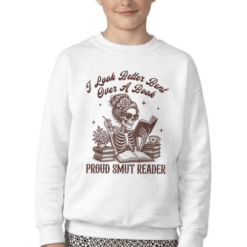 Smut Reader Spicy Romance Look Better Bent That Over A Book Youth Crewneck Sweatshirt - Bookorys AU