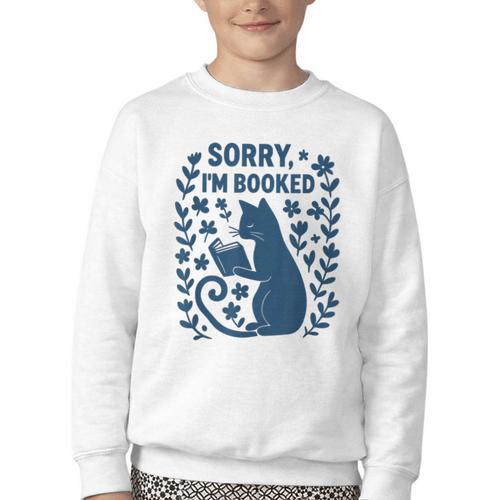 Sorry I'm Booked Cat Reading Book Boho Flowers Vintage Youth Crewneck Sweatshirt - Bookorys