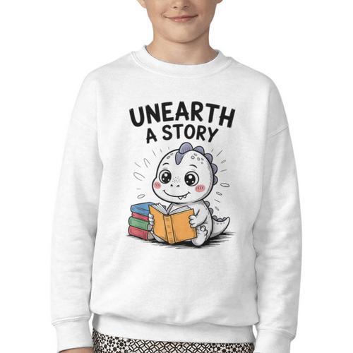 Unearth a Story Cute Dinosaur Summer Reading 2026 Dino Book Youth Crewneck Sweatshirt - Bookorys