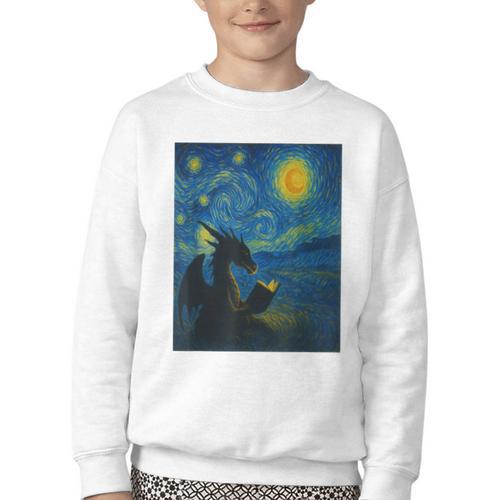 Van Gogh Starry Night Fantasy Reader Dragon Reading Book Youth Crewneck Sweatshirt - Bookorys