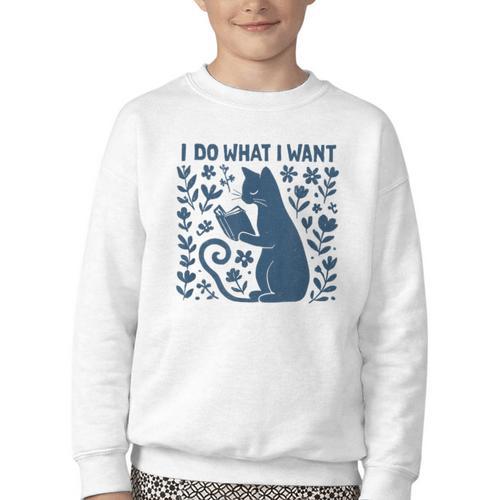 I Do What I Want Cat Reading Book Boho Flowers Vintage Youth Crewneck Sweatshirt - Bookorys