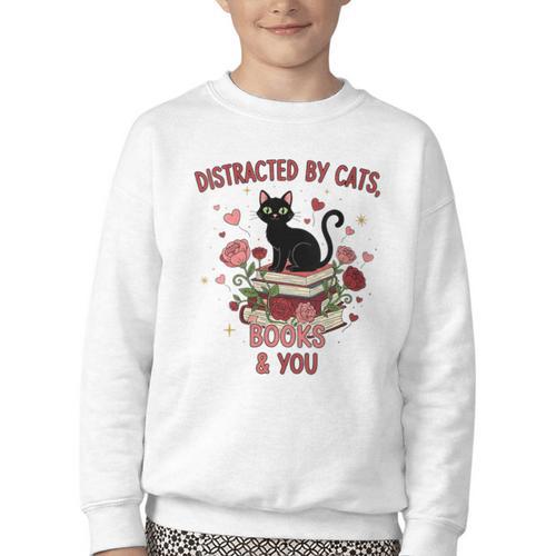 Women's Cat Books Romantic Floral Aesthetic Book Lover Cat Owner Youth Crewneck Sweatshirt - Bookorys