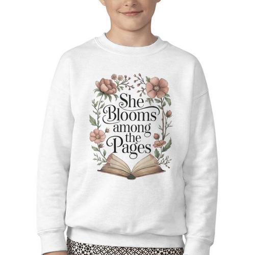 Women's She Blooms Among The Pages Women Mom Wife Floral Book Lover Youth Crewneck Sweatshirt - Bookorys