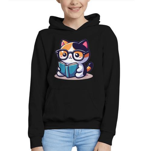 Adorable Book Lover Calico Cat With Reading Glasses Cute For Men Women Kids Graphic Youth Hoodie - Bookorys UK