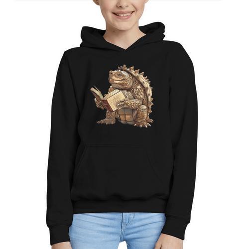 Alligator Snapping Turtle Reading A Book Graphic Youth Hoodie - Bookorys