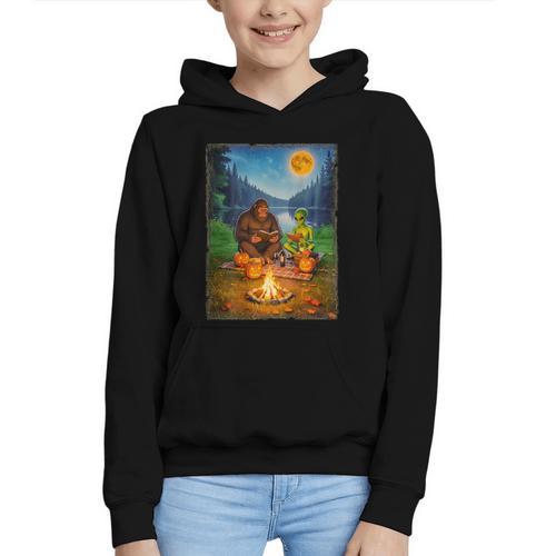 Bigfoot And Alien Reading Books Campfire Halloween Graphic Youth Hoodie - Bookorys AU