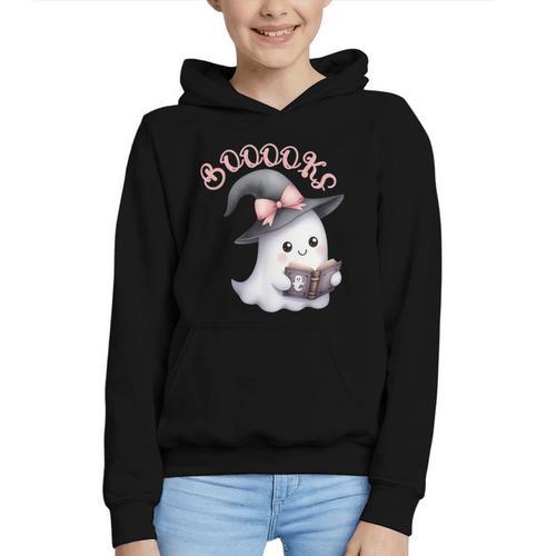 Boo Ghost Books Coquette Bow Halloween Women School Teacher Graphic Youth Hoodie - Bookorys DE