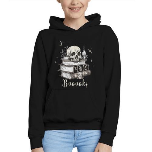 Boo Skeleton Skull Books Halloween Women School Teacher Kid Graphic Youth Hoodie - Bookorys