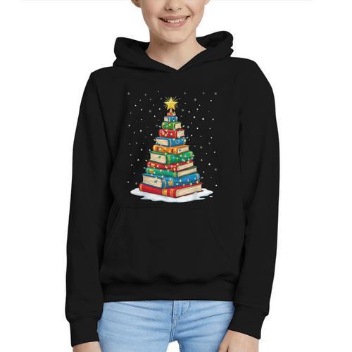 Book Christmas Tree Xmas Lights Book Lover Teacher Librarian Graphic Youth Hoodie - Bookorys
