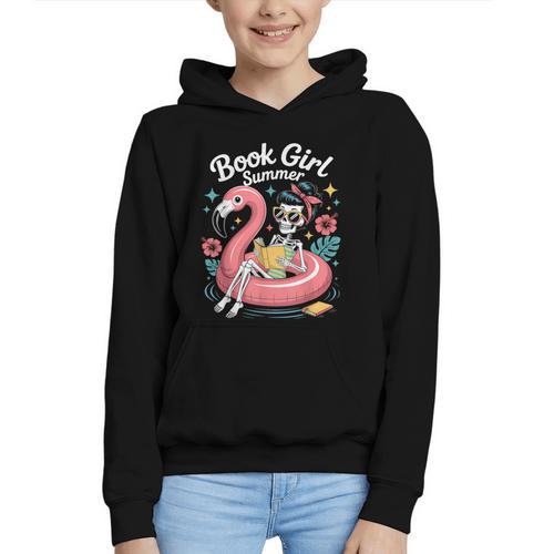 Book Girl Summer Skeleton Reading Books Lovers Beach Graphic Youth Hoodie - Bookorys