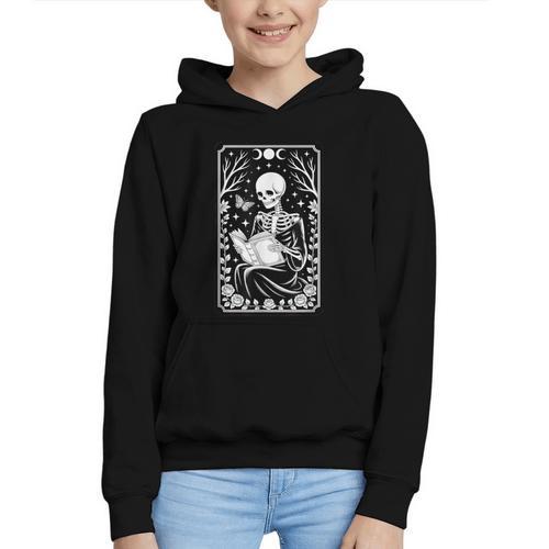 Book Lover The Reader Tarot Card Skeleton Reading Graphic Youth Hoodie - Bookorys CA