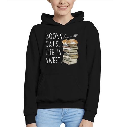 Book Lovers Books Cats Life Is Sweet Cat Lover Graphic Youth Hoodie - Bookorys DE