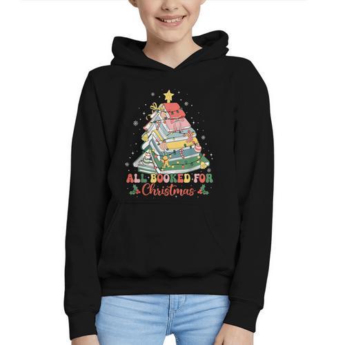All Booked For Christmas Book Lovers Xmas Tree Lights Graphic Youth Hoodie - Bookorys