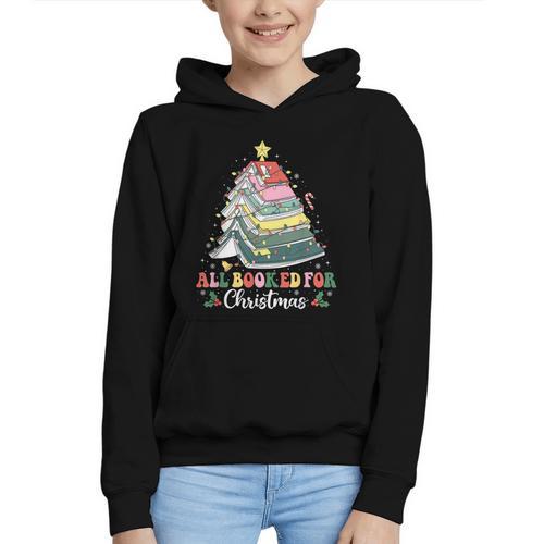 All Booked For Christmas Book Tree Lights Christmas Library Graphic Youth Hoodie - Bookorys CA