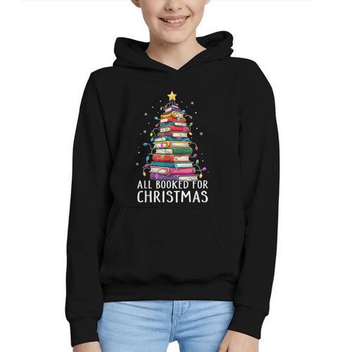 All Booked For Christmas Book Christmas Tree Lights Graphic Youth Hoodie - Bookorys CA