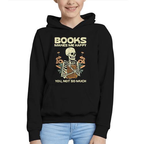 Books Make Me Happy Skeleton Read Reading Librarian Book Graphic Youth Hoodie - Bookorys