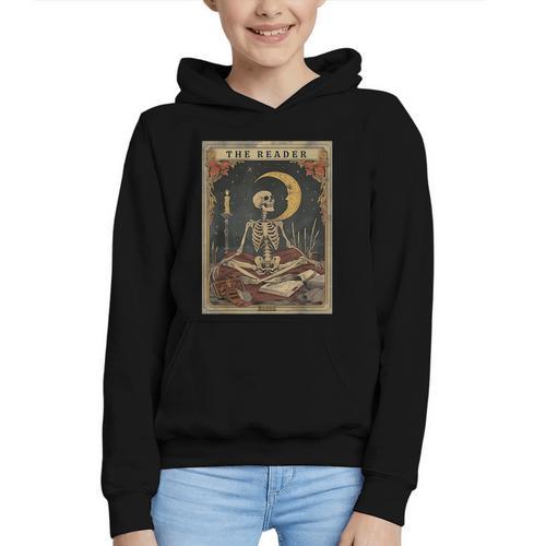 Books Lover Book Novels Reading Halloween Costumes Cottagecore Skeleton Aesthetic Tarot Card The Reader Graphic Graphic Youth Hoodie - Bookorys AU